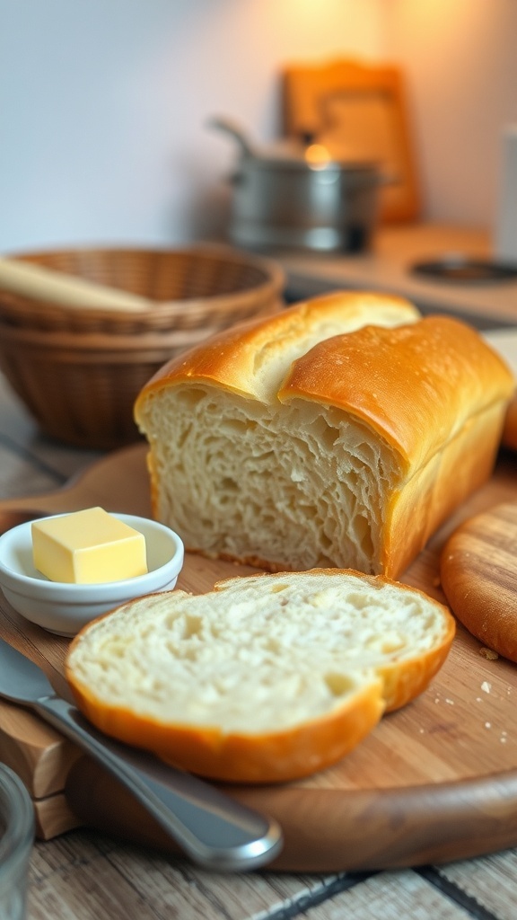 Classic Homemade Bread Recipe A golden crusted homemade bread loaf sliced on a wooden board with butter.